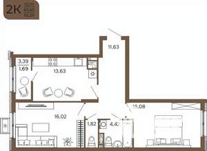 2-к квартира, вторичка, 65м2, 7/17 этаж