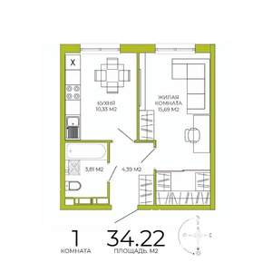 1-к квартира, строящийся дом, 34м2, 6/18 этаж
