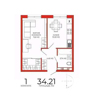 1-к квартира, строящийся дом, 34м2, 14/18 этаж