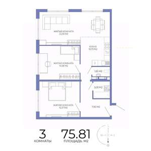 3-к квартира, строящийся дом, 76м2, 13/17 этаж