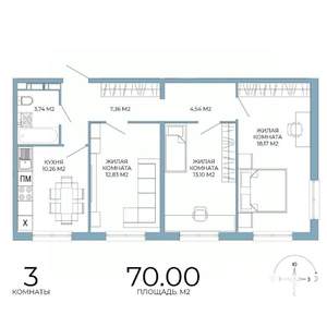 3-к квартира, строящийся дом, 70м2, 6/18 этаж