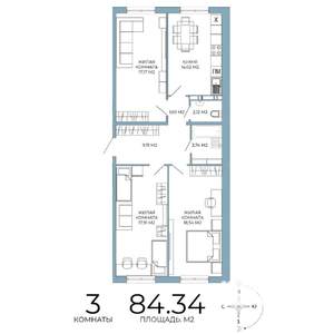 3-к квартира, строящийся дом, 84м2, 2/18 этаж