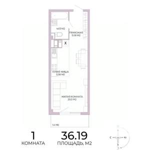 1-к квартира, строящийся дом, 36м2, 16/17 этаж