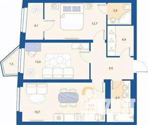 2-к квартира, вторичка, 69м2, 6/16 этаж