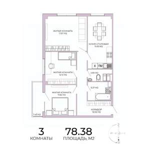 3-к квартира, строящийся дом, 78м2, 7/17 этаж