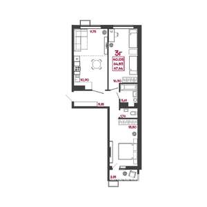 3-к квартира, вторичка, 68м2, 2/17 этаж