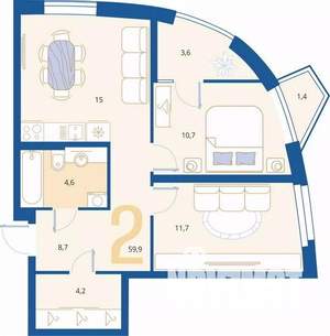 2-к квартира, вторичка, 60м2, 6/16 этаж