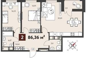 2-к квартира, вторичка, 86м2, 3/18 этаж