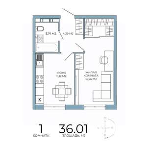 1-к квартира, строящийся дом, 36м2, 13/18 этаж