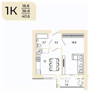 1-к квартира, вторичка, 41м2, 1/10 этаж