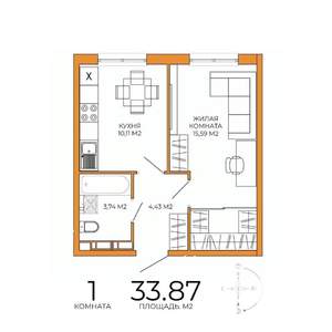 1-к квартира, строящийся дом, 34м2, 2/18 этаж