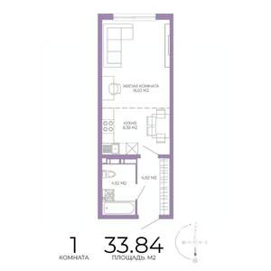 1-к квартира, строящийся дом, 34м2, 8/17 этаж