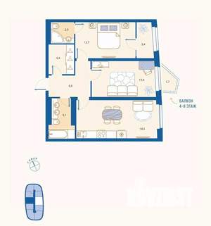 2-к квартира, вторичка, 69м2, 6/16 этаж