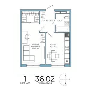 1-к квартира, строящийся дом, 36м2, 14/18 этаж