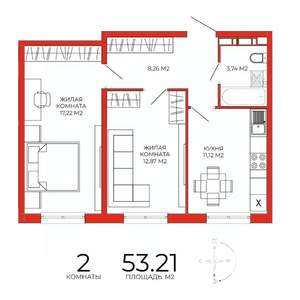 2-к квартира, строящийся дом, 53м2, 12/18 этаж