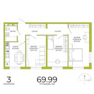 3-к квартира, строящийся дом, 70м2, 14/18 этаж