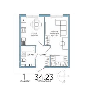 1-к квартира, строящийся дом, 34м2, 6/18 этаж