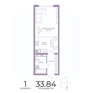 1-к квартира, строящийся дом, 34м2, 8/17 этаж