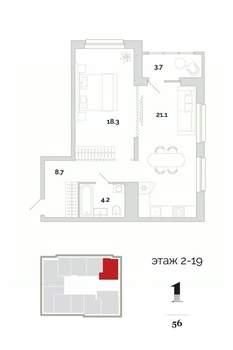1-к квартира, вторичка, 56м2, 2/24 этаж