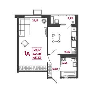 1-к квартира, вторичка, 45м2, 6/17 этаж