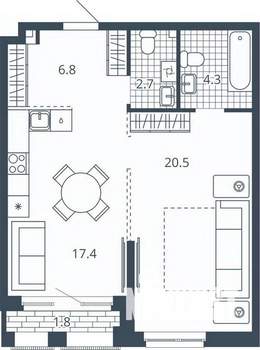 1-к квартира, вторичка, 54м2, 6/24 этаж