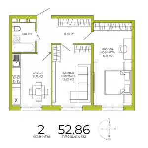 2-к квартира, строящийся дом, 53м2, 5/18 этаж