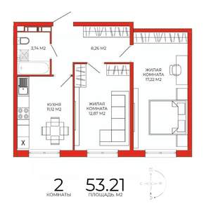 2-к квартира, строящийся дом, 53м2, 12/18 этаж