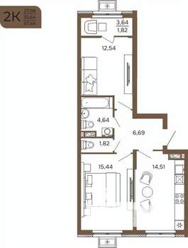 2-к квартира, вторичка, 57м2, 9/17 этаж