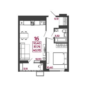 1-к квартира, вторичка, 41м2, 17/17 этаж