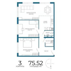 3-к квартира, строящийся дом, 76м2, 3/17 этаж