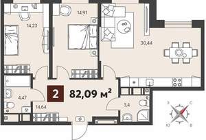 2-к квартира, вторичка, 82м2, 2/18 этаж