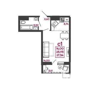 Студия квартира, вторичка, 27м2, 9/17 этаж