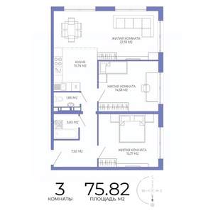 3-к квартира, строящийся дом, 76м2, 13/17 этаж