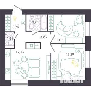 2-к квартира, вторичка, 55м2, 1/16 этаж