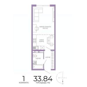1-к квартира, строящийся дом, 34м2, 9/17 этаж