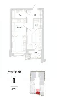 1-к квартира, вторичка, 52м2, 2/24 этаж