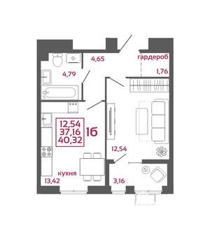 1-к квартира, вторичка, 40м2, 10/16 этаж