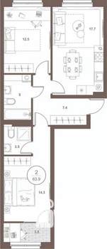 2-к квартира, вторичка, 64м2, 3/16 этаж