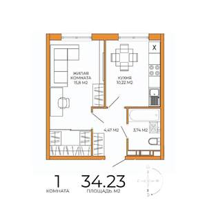 1-к квартира, вторичка, 34м2, 12/18 этаж