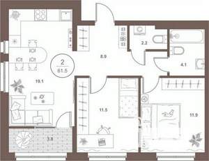 2-к квартира, вторичка, 61м2, 9/16 этаж