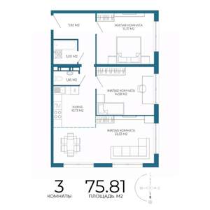 3-к квартира, строящийся дом, 76м2, 8/17 этаж
