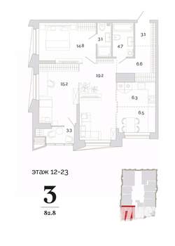3-к квартира, вторичка, 83м2, 19/24 этаж