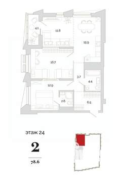 2-к квартира, вторичка, 79м2, 24/24 этаж