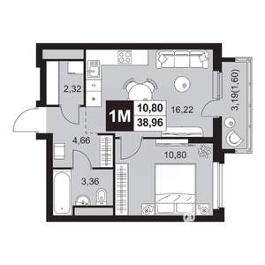 2-к квартира, вторичка, 39м2, 5/20 этаж
