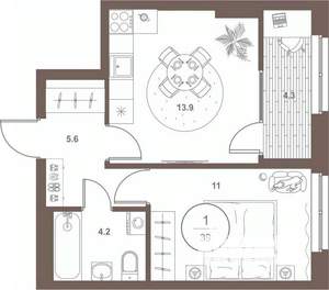 1-к квартира, вторичка, 39м2, 2/16 этаж