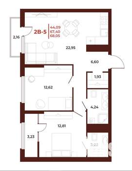 2-к квартира, вторичка, 68м2, 12/18 этаж