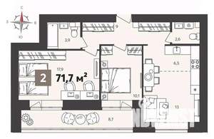 2-к квартира, вторичка, 72м2, 6/14 этаж
