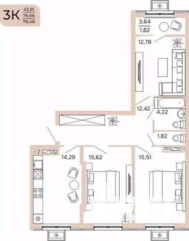 3-к квартира, вторичка, 78м2, 17/17 этаж
