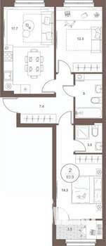 2-к квартира, вторичка, 64м2, 5/16 этаж