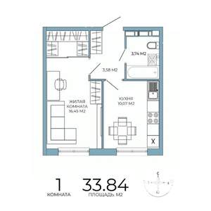 1-к квартира, строящийся дом, 34м2, 2/18 этаж